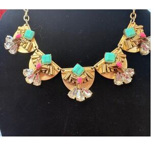 Stella & Dot Geometric Statement Necklace Gold Turquoise Pink Crystal Art Deco